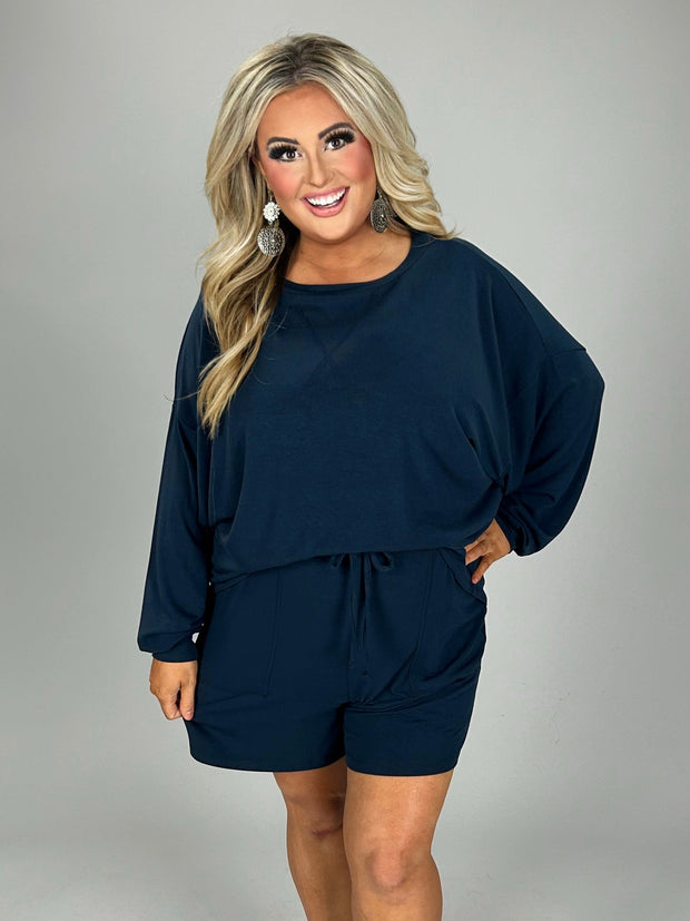 21 SET-B {The Good Life} Navy Long Sleeve Short Set PLUS SIZE  1X 2X 3X