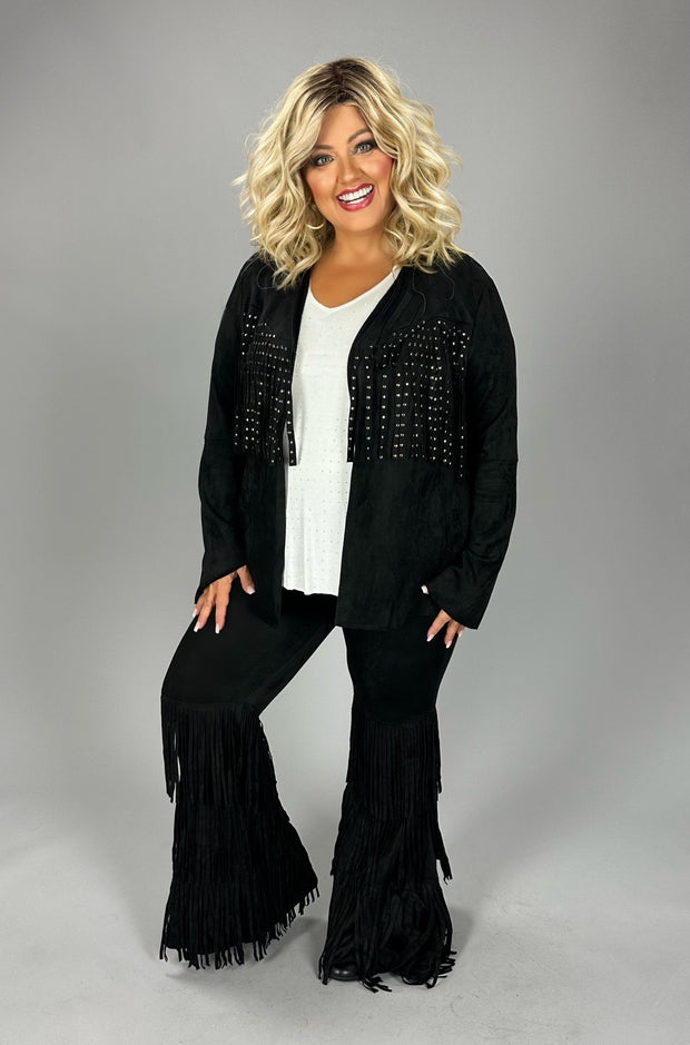 43 OT  [Fringe for the Win} VOCAL Black Suede Fringed  Studded Jacket  PLUS SIZE 1X 2X 3X