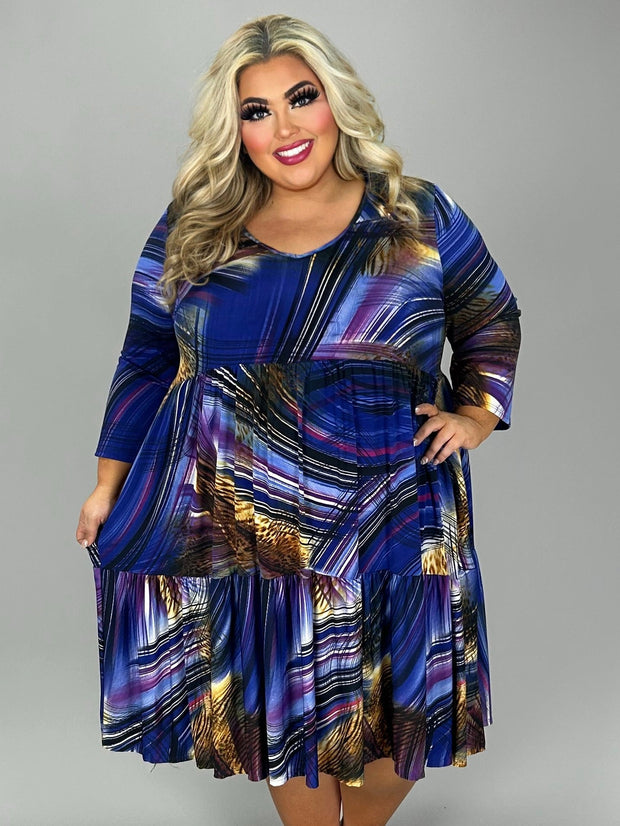 SALE!!  26 PQ {Always On Time} Blue Mixed Print V-Neck Tiered Dress PLUS SIZE 1X 2X 3X