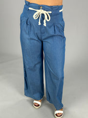 BT-C {Call On Me} Blue Pleated Wide-Leg Pants with Rope Belt