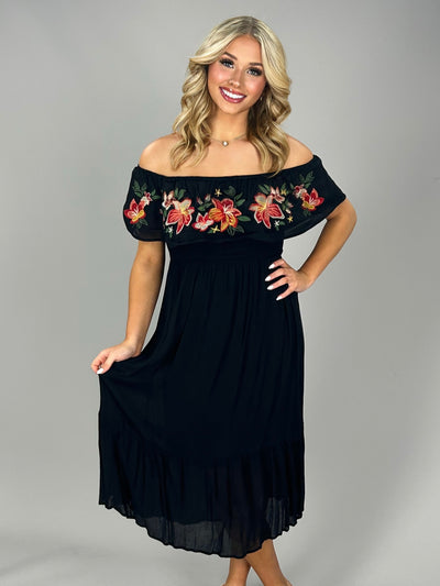 LD-J {Young Love} Black (Lined) Dress with Floral Embroidery
