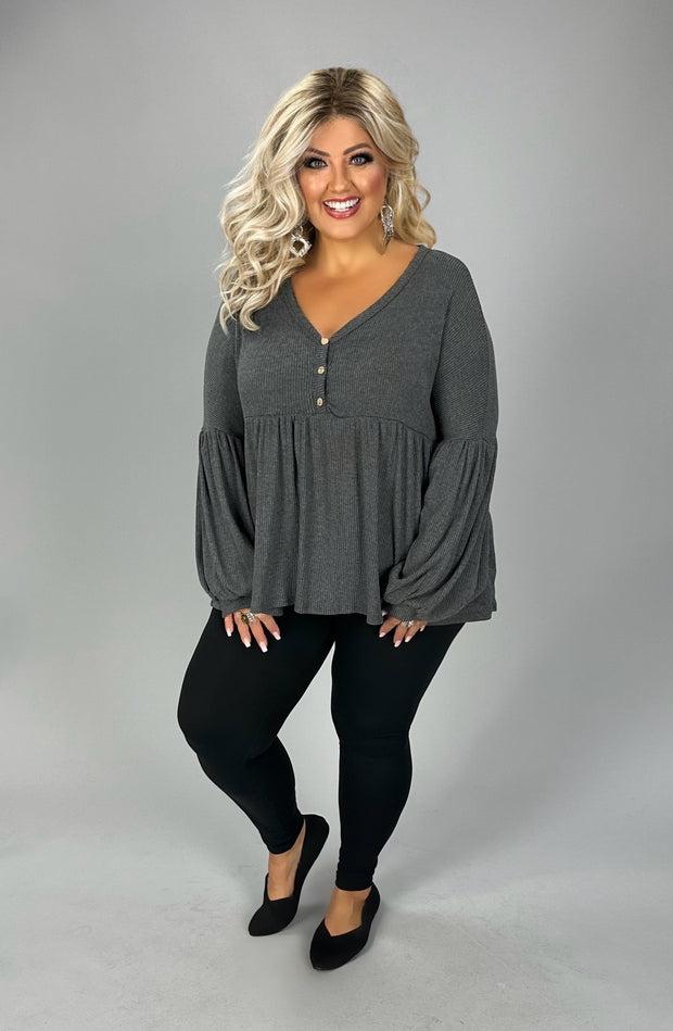 36   SLS-G {Talk Of The Town} Charcoal Babydoll Ribbed Top PLUS SIZE 1X 2X 3X