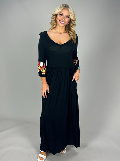 LD-U {Alright Already} Black Maxi Dress with Floral Bell Sleeves
