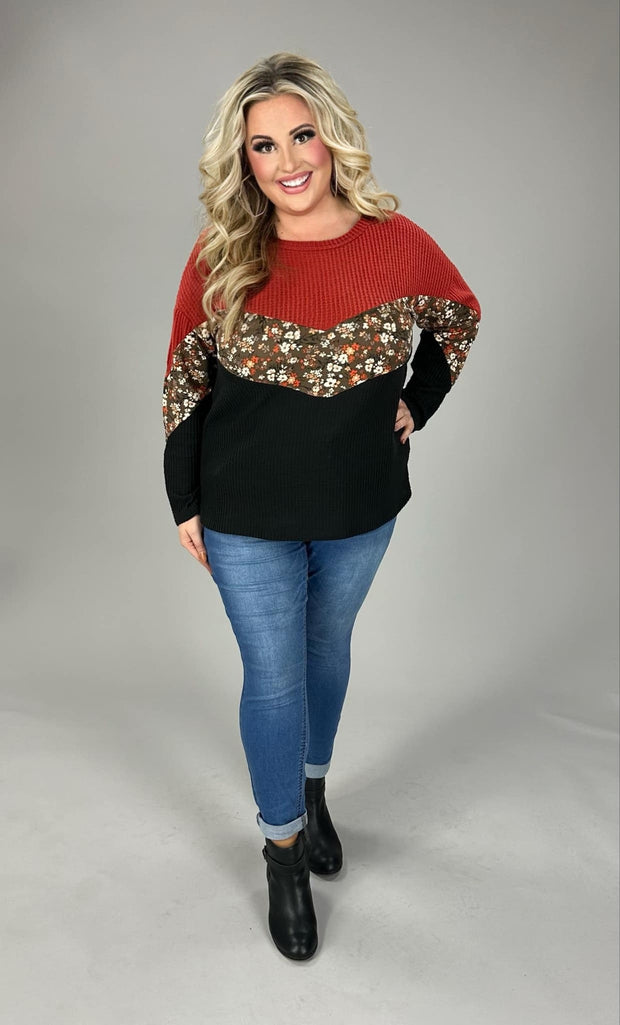 SALE!!  84 CP-Z {Patch Of Floral} Rust/Black/Floral Contrast Top PLUS SIZE 1X 2X 3X