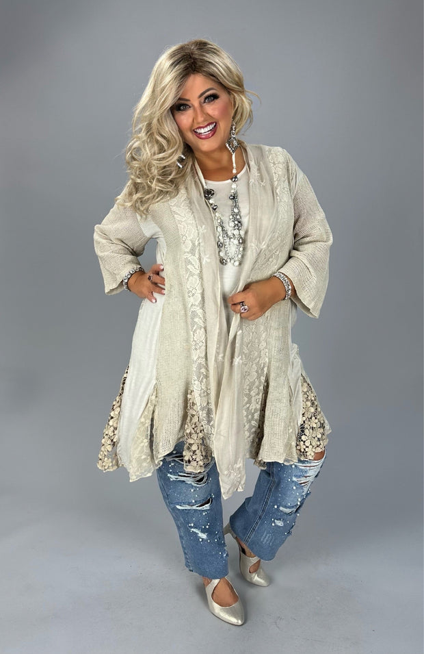 19 SET  {Terrace Date} Beige Linen & Lace Top & Overlay Set PLUS SIZE 1X 2X 3X