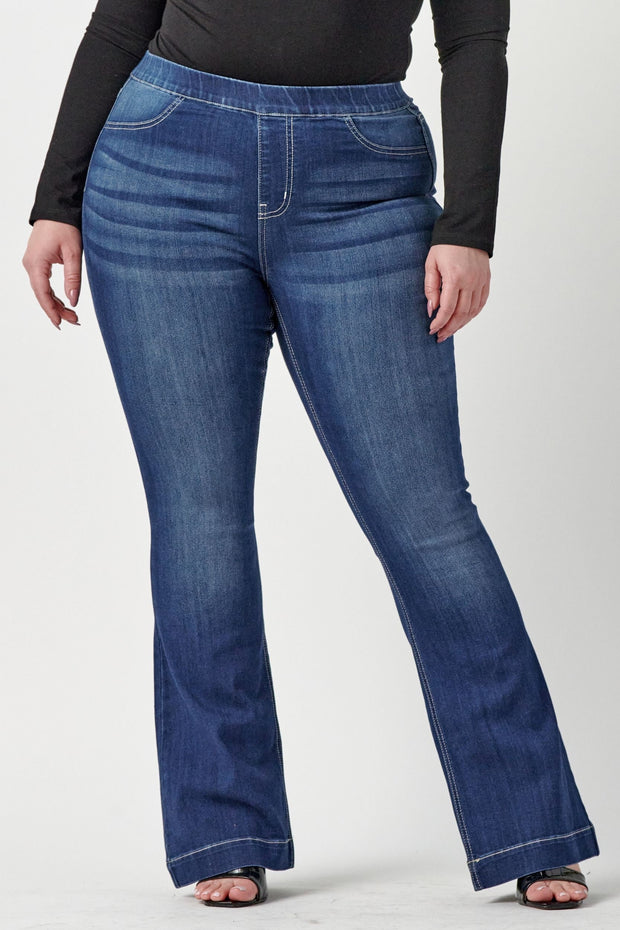 SALE!! LEG-88 {Ms. Cello} Dark  Denim Mid Rise Pull On Flare Jeggings PLUS SIZE 1X 2X 3X