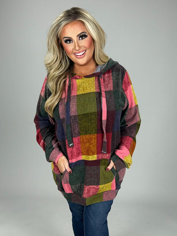 56 HD-D {Get On Board} Red/Pink Plaid Hoodie  PLUS SIZE 1X 2X 3X