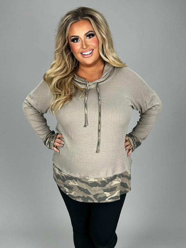 SALE!!  15 HD {Always Calm} Taupe Waffle Knit Hoodie w/Camo Trim PLUS SIZE XL 2X 3X