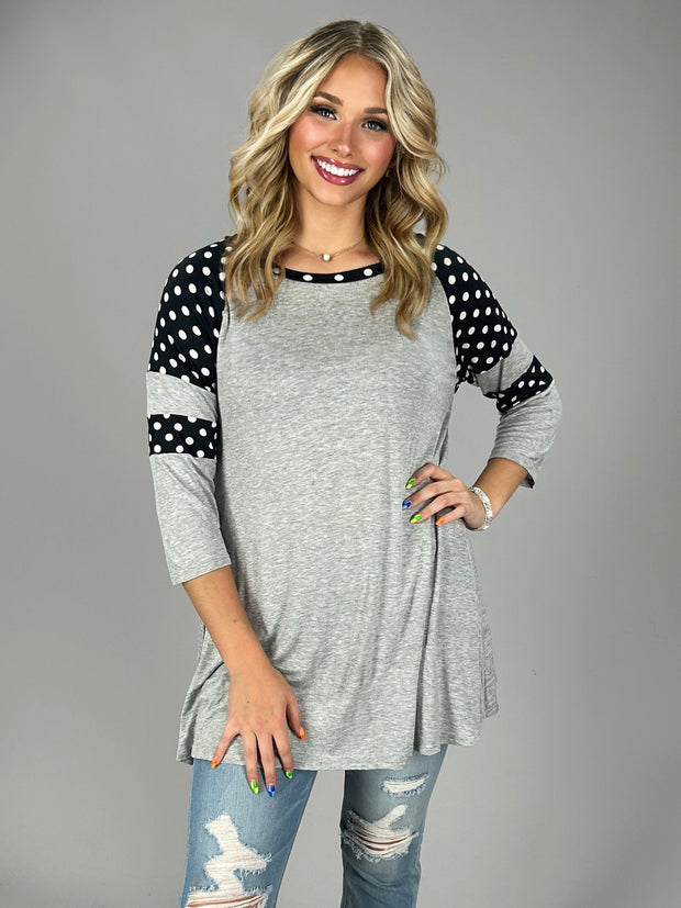 CP-G {Enough For Me} Gray/Black Tunic with Polka-Dot Sleeves