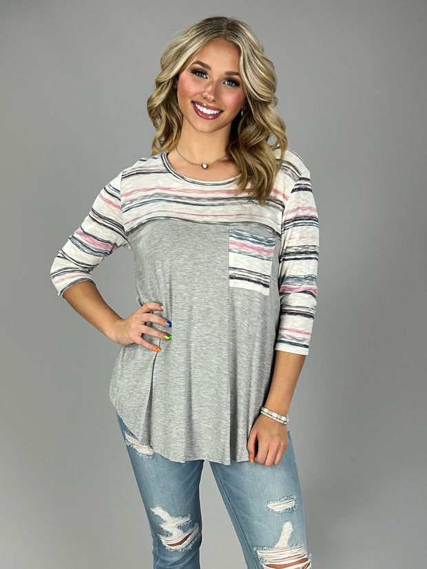 CP-J {Let's Get Lost} Gray Pocket Top with Pink/Navy Contrast