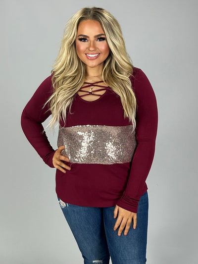 CP-A {Add Sparkle} Maroon Gold Glitter Neck Detail Top