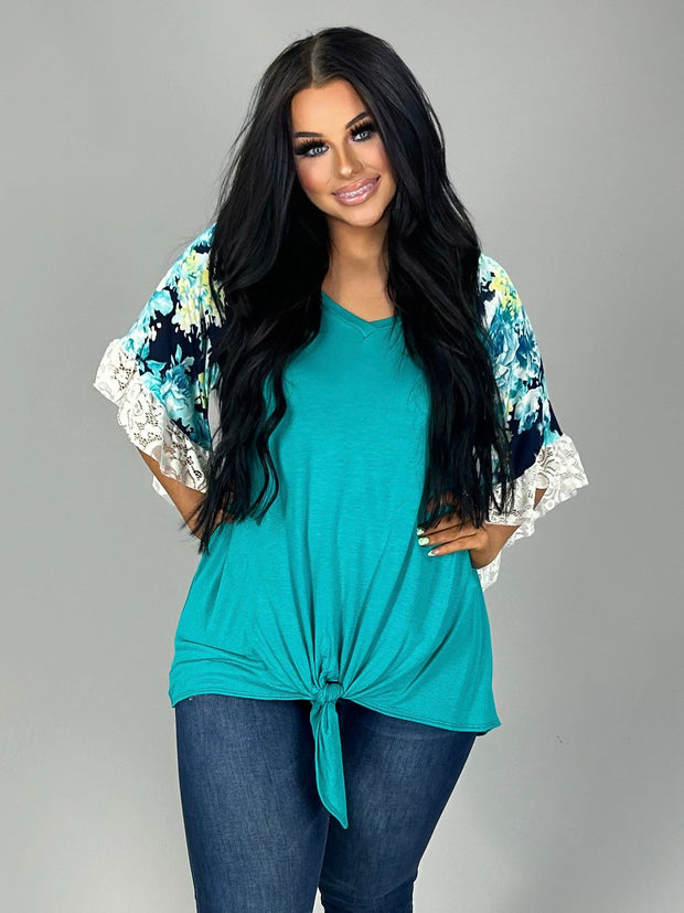 CP-O {Eternal Princess} Teal Front Tie Top with Floral Lace Sleeves