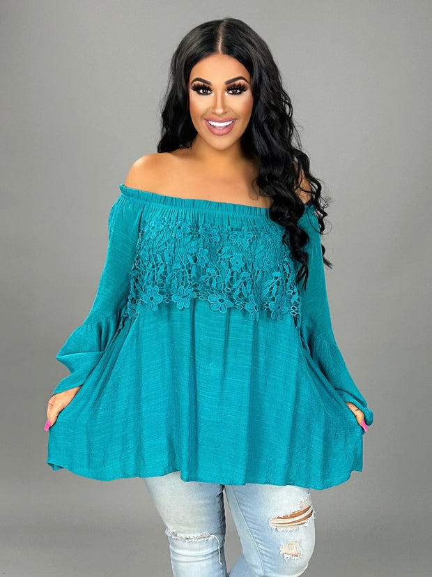 SALE!!  SQ-T {Blooming Love} Teal Top with Crochet Lace Detail