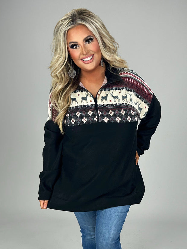 26 CP-F {Ring The Bell} Black Burgundy Reindeer Pullover  PLUS SIZE XL 2X 3X