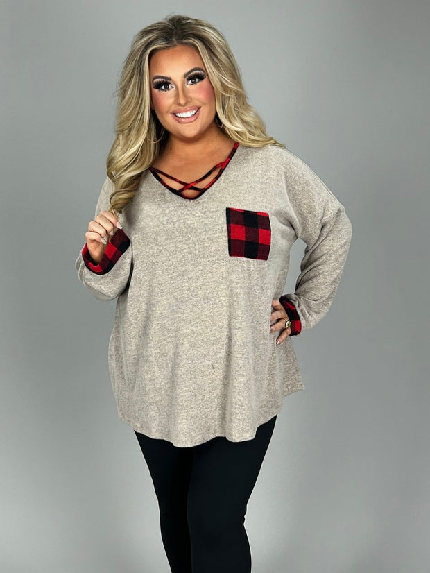 15 CP-F {Cute And Cozy}  Grey Red Plaid Neck Detail Tunic  PLUS SIZE XL 2X 3X 4X 5X 6X