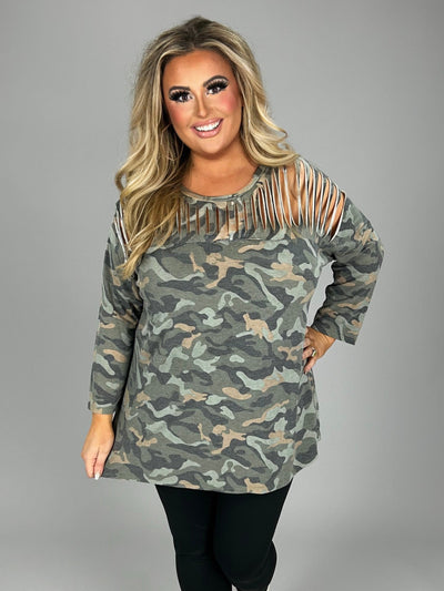 SALE! 12 PQ-D {On A Mission} Green  Camo Top W/Neck Detail PLUS SIZE 1X 2X 3X