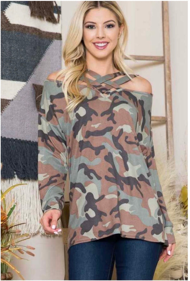 84 PLS-A {Across the Camo} Camo Top W/Criss-Cross Detail PLUS SIZE 1X 2X 3X