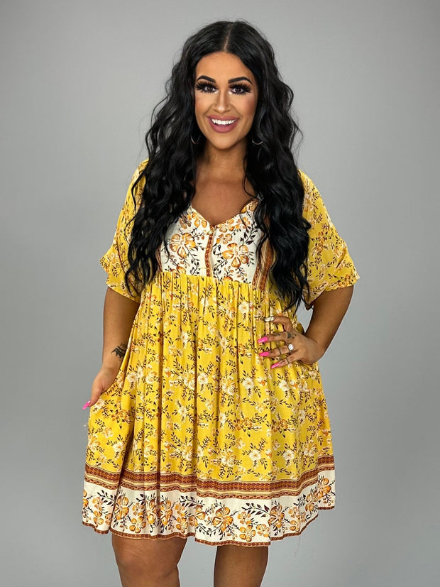 SALE!! 66 PSS-D {Little Picnic} "UMGEE"  Yellow Floral Dress PLUS SIZE XL 1X 2X