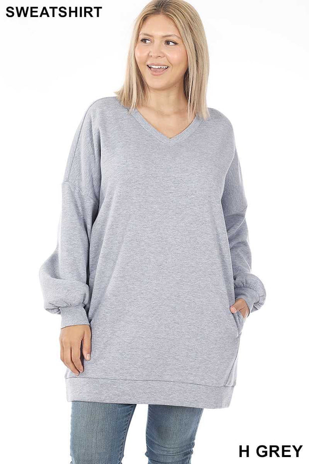 SALE! 41 SLS-M [Cozy Days} Light Grey  V-Neck Tunic W/  Pockets PLUS SIZE XL