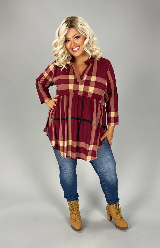 SALE!!  34 PQ {Keep It Stylish} Burgundy/Taupe Plaid Babydoll Top PLUS SIZE 1X 2X 3X