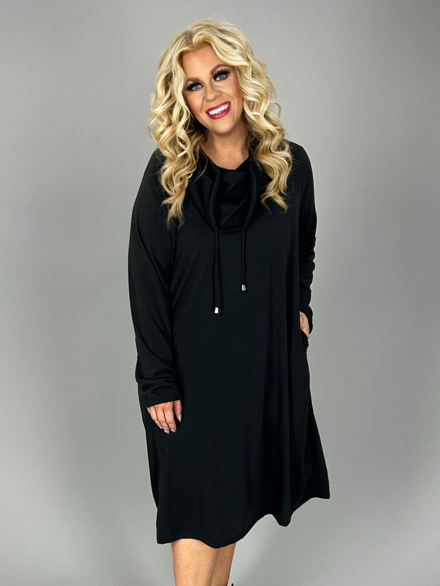 SALE!! SLS-A {Story Teller}  BLACK Dress with  Drawstring Cowl Neck