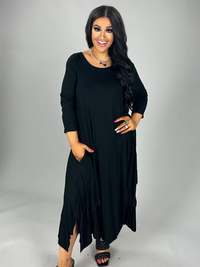 SALE!! LD-S {All Time Fav} Black 3/4 Sleeve Gathered Side Dress  PLUS SIZE 1X 2X 3X