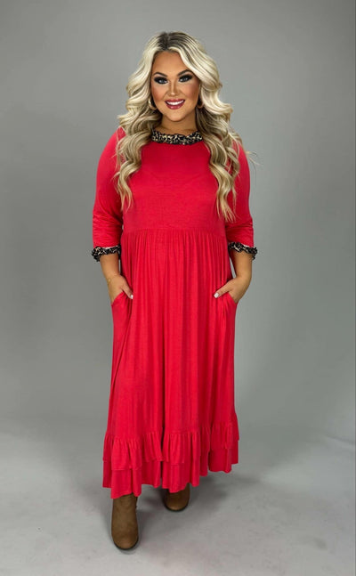 SALE!! LD-A {Flirty Nature} Red Babydoll Maxi Dress w/Leopard Contrast  PLUS SIZE XL 2X 3X