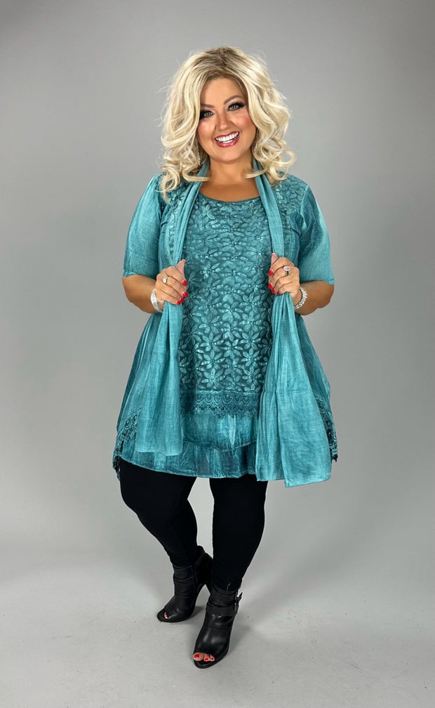 54 SET  {Completely Content} Teal Floral Detail Top w Scarf PLUS SIZE 1X 2X 3X