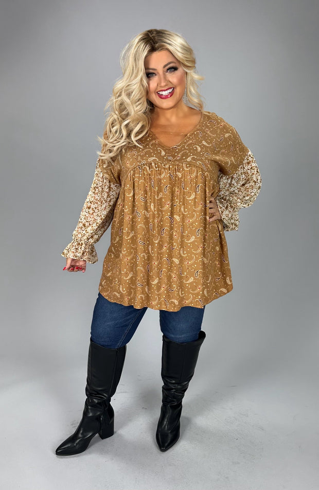 SALE!!  28 CP {Girl On The Go} Camel Paisley Print Top w/Floral Sleeves PLUS SIZE 1X 2X 3X