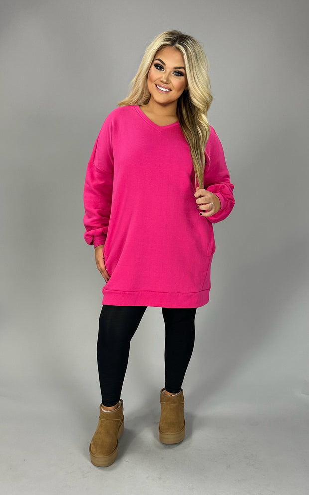 SALE!  41 SLS-N [COZY DAYS} Fuchsia V-Neck Tunic with Pockets PLUS SIZE XL 2X 3X