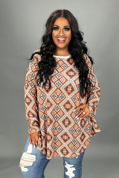 1-26 PLS {Favorite Day} Rust/Navy Print Long Sleeve  Top PLUS SIZE XL 2X 3X