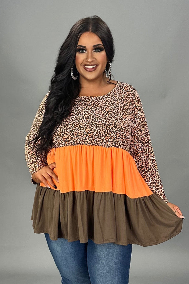 16 CP {Candy Corn} Brown/Orange  Print Tiered Top PLUS SIZE 1X 2X 3X