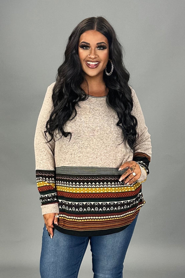 16 CP {Catch Your Attention} Taupe  Top w/Multi-Color Stripes PLUS SIZE 1X 2X 3X