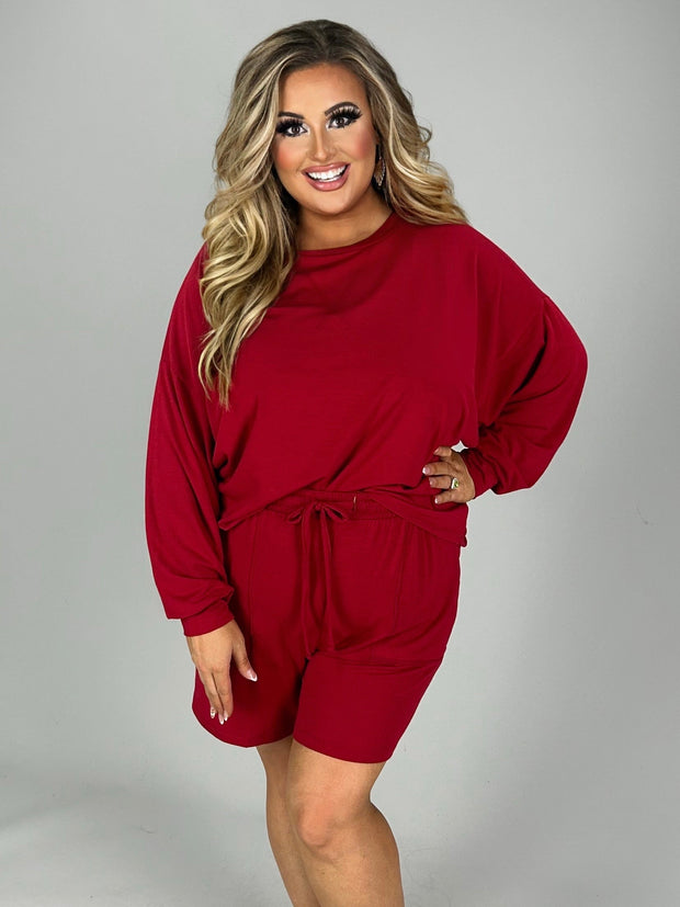 21 SET-C {The Good Life} Red Long Sleeve Short  Set PLUS SIZE 1X 2X 3X