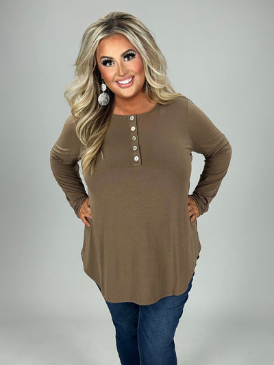 25 SLS {Take Your Turn} Mocha Long Sleeve Top w/Buttons  PLUS SIZE 1X 2X 3X