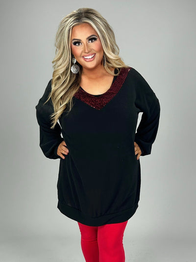 27 CP-B {Red Sparks}  Black V-Neck Top W/Red  Contrast PLUS SIZE 1X 2X 3X