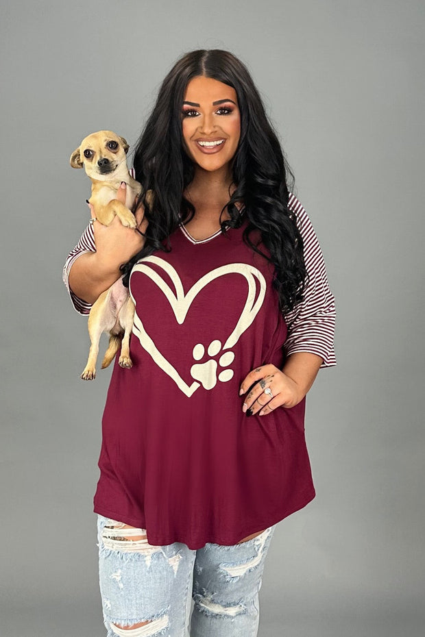 29 GT {Paw Heart} Burgundy w/ Striped Sleeve Graphic Tee  PLUS SIZE XL 2X 3X 4X 5X  6X