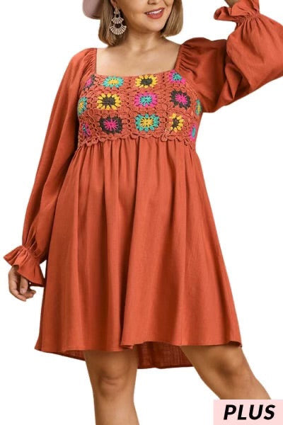 31 CP-B {Flower Power} 'Umgee" Rust Crochet Front Dress  PLUS SIZE XL 1X 2X