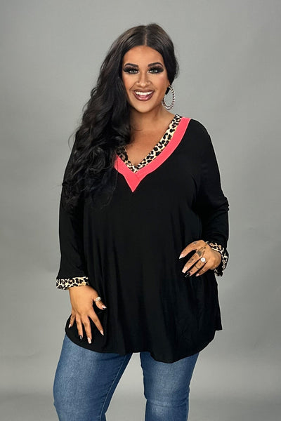 35 CP {Meet Me At Curvy} Black Coral Leopard V-Neck Top  PLUS SIZE XL 2X 3X