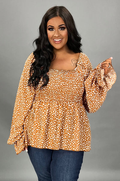 36 PLS {Cool Energy} Rust Print Smocked  Top PLUS SIZE 1X 2X 3X