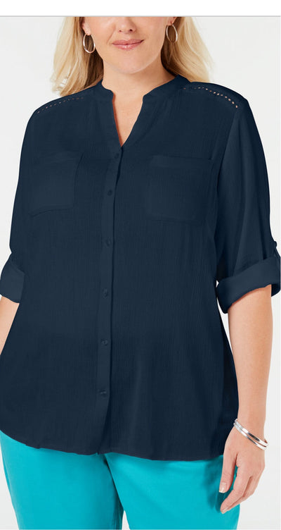 SD-A  M-109 {Charter Club} Navy Eyelet  Trim Blouse Retail $69.50