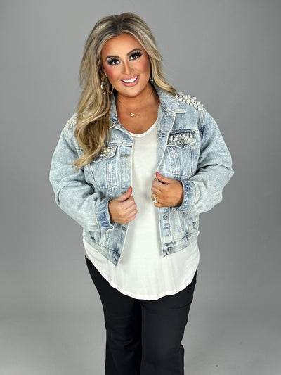 13 OT-C {What It Takes} Umgee Lt. Denim Short Jacket W/Pearls  PLUS SIZE XL 1X 2X