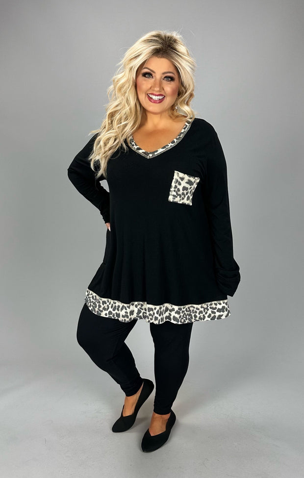 25 CP {Keeping Confident}  Black/Leopard Contrast Top w/ Front Pocket  PLUS SIZE XL 2X 3X