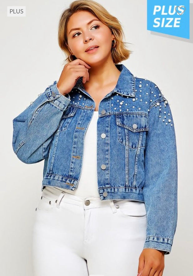 41 OT-B  {Elegant Denim}  Denim Jacket with Pearl Detail (RUNS SMALL) PLUS SIZE 1X/2X 2X/3X