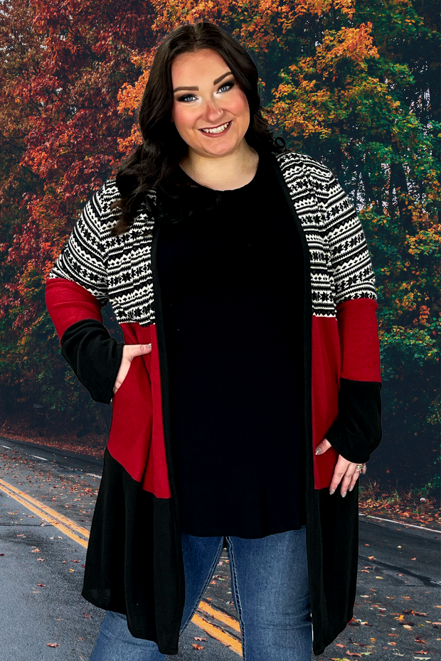 63 OT-A {Bundle Up Baby} Red/Black Print Duster  PLUS SIZE 1X 2X 3X