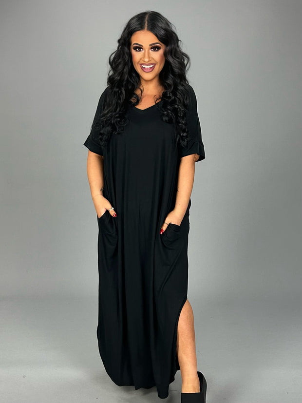 LD-S  {Never Forget} Black V-Neck Long Dress PLUS SIZE 1X 2X 3X