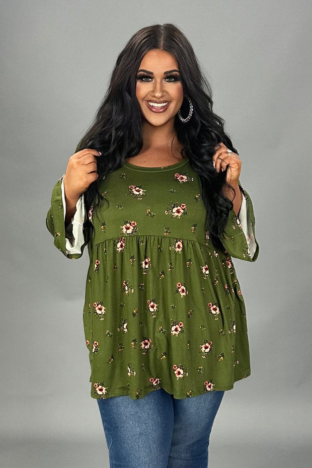 SALE!!  13 PQ {Weekend Ready} Olive Floral Babydoll Top PLUS SIZE XL 2X 3X