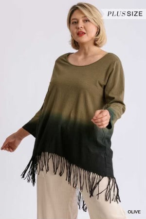 SALE!!  57 PQ-Z {Fringe Says It All} UMGEE Olive Ombre Tunic W/Fringe PLUS SIZE XL 1X 2X