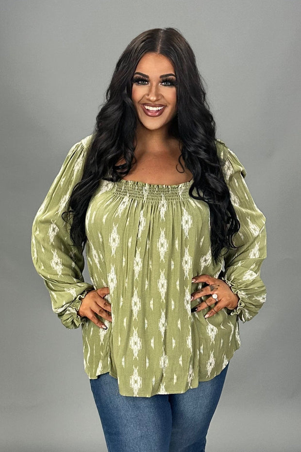 SALE!!  1-28 PLS {Let's Talk} Olive Print Square Smocked Neck Top PLUS SIZE XL 2X 3X