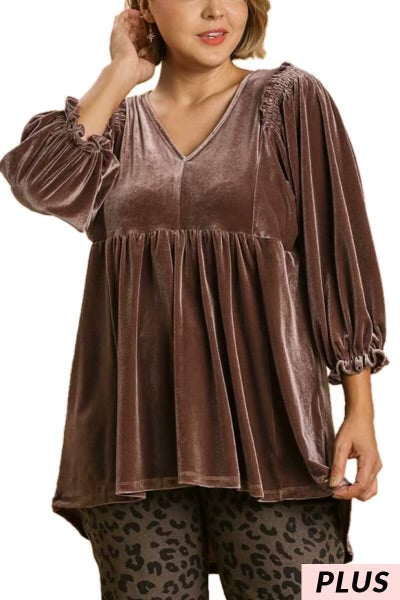 62 SQ-A {Stylish Ideas} "Umgee" Chocolate SALE!!! Velour Babydoll Top  PLUS SIZE XL 1X 2X